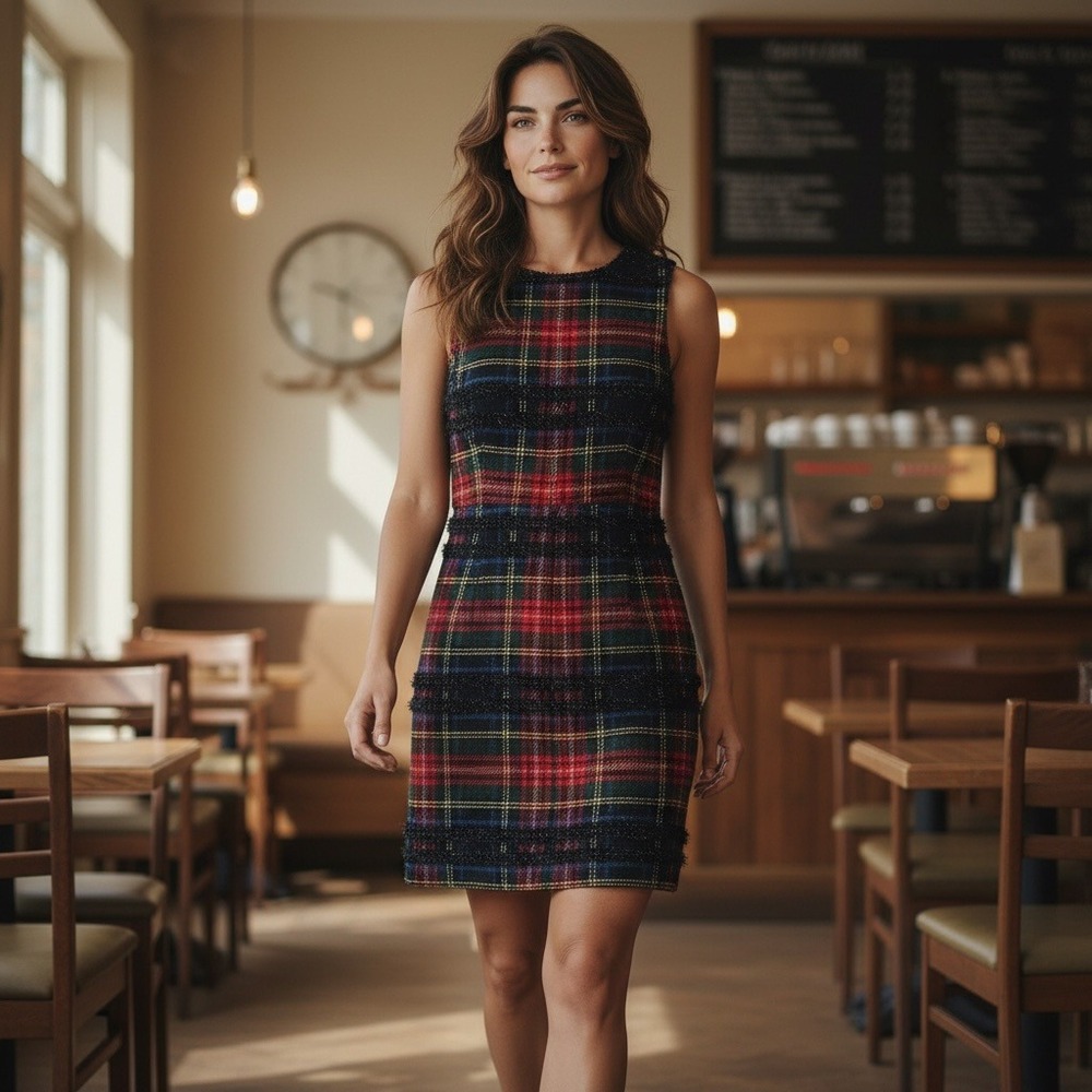 J.Crew Plaid Sheath Dress Italian Fabric Eyelash Trim Multi Color Size 2